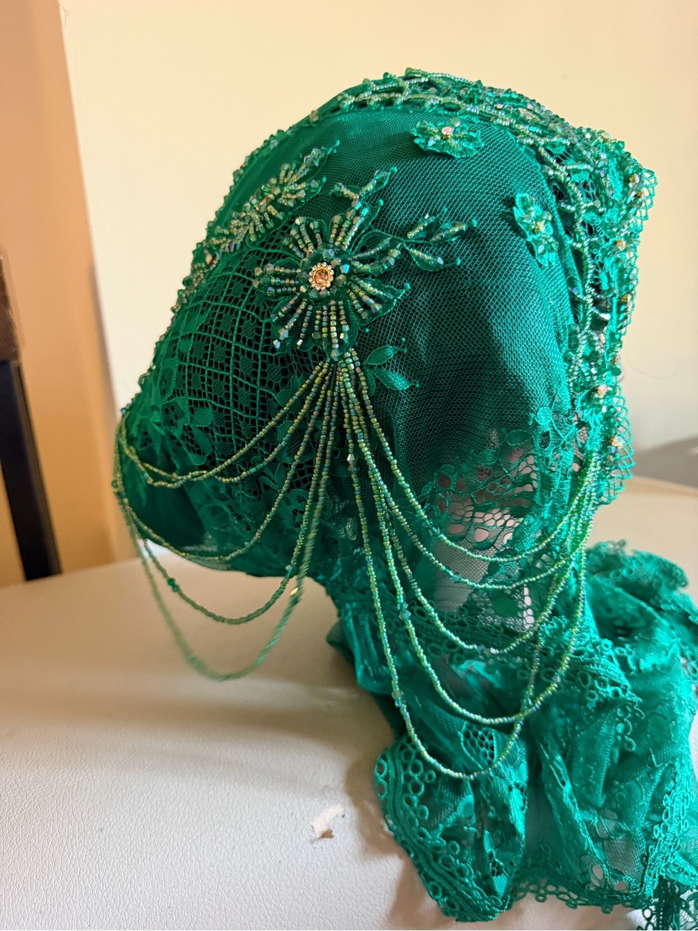 Embellished Green Lace Headscarf with Beaded Accents